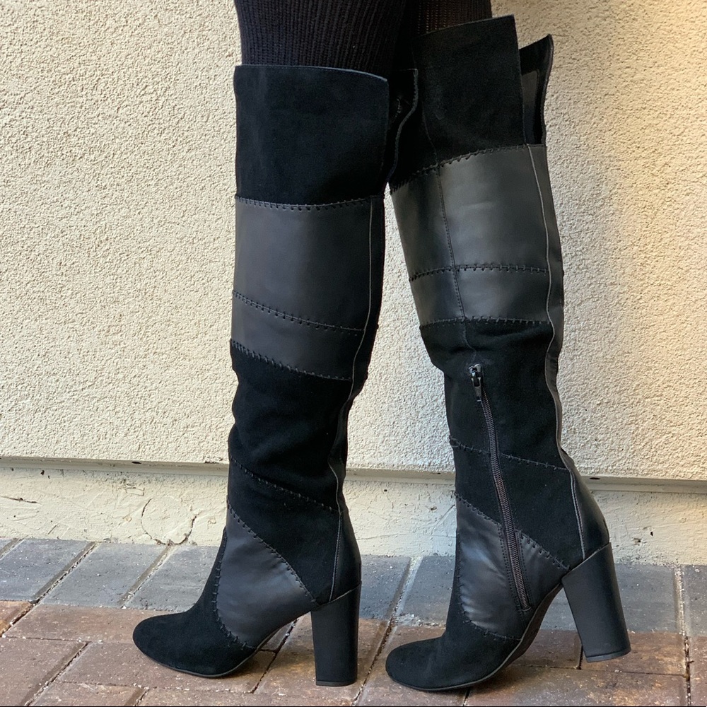 Quilt Patchwork Over The Knee Block Heel Boots - Picture 3 of 8